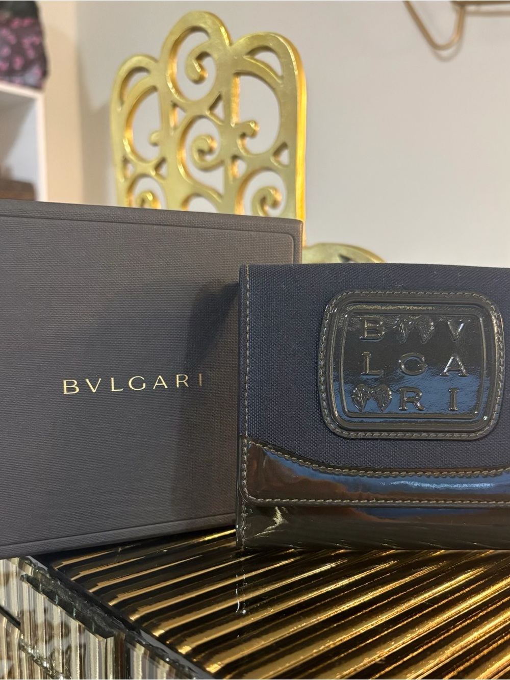 Bulgari Black Canvas Wallet with Gloss Patent Trim